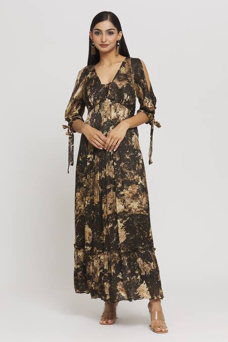 Shop_Whimsical By Shica_Black Chiffon V-neck Tree Print Draped Dress _Online_at_Aza_Fashions