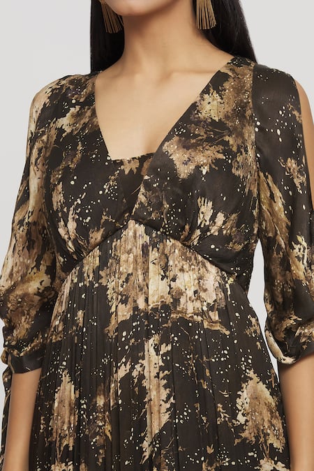 Whimsical By Shica_Black Chiffon V-neck Tree Print Draped Dress _at_Aza_Fashions