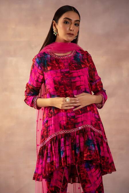 Laxmishriali_Fuchsia Georgette, Net Pearls, Beads, Printed Ruffle Hem Kurta Dhoti Pant Set _Online_at_Aza_Fashions