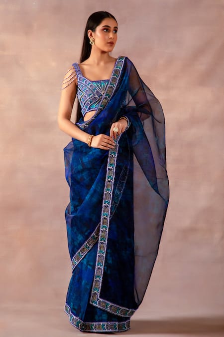 Buy_Laxmishriali_Blue Organza, Silk Beads Square Neck Printed Saree With Embroidered Blouse _Online_at_Aza_Fashions