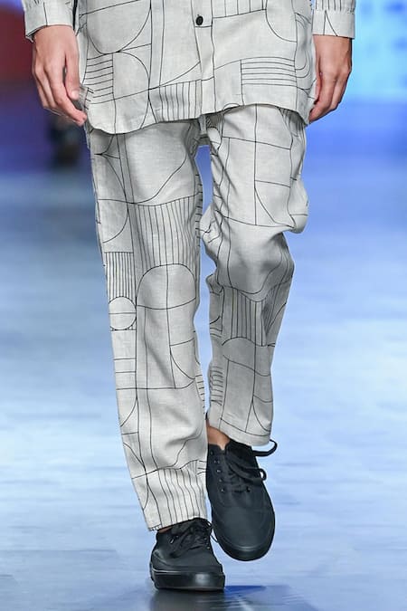 Shop_Son Of A Noble Snob_Ivory Linen Avay Gatsby Cuban Collar Printed Shirt And Trouser Set _Online_at_Aza_Fashions