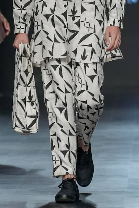 Buy_Son Of A Noble Snob_Ivory Linen Kabir Stencil Abstract Print Shirt And Trouser Set _Online_at_Aza_Fashions