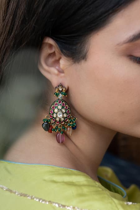 Do Taara_Multi Color Polki Embellished Earrings _Online_at_Aza_Fashions