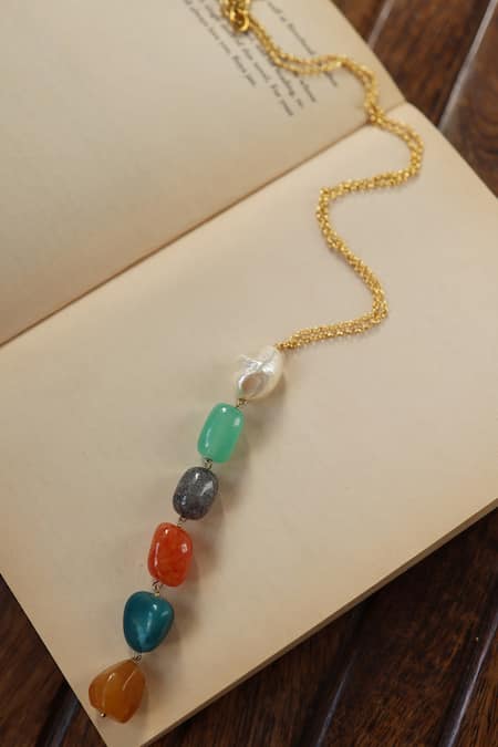 Shop Do Taara Multi Color Natural Stone Embellished Pendant Necklace at Aza Fashions Shop_Do Taara_Multi Color Natural Stone Embellished Pendant Necklace _at_Aza_Fashions
