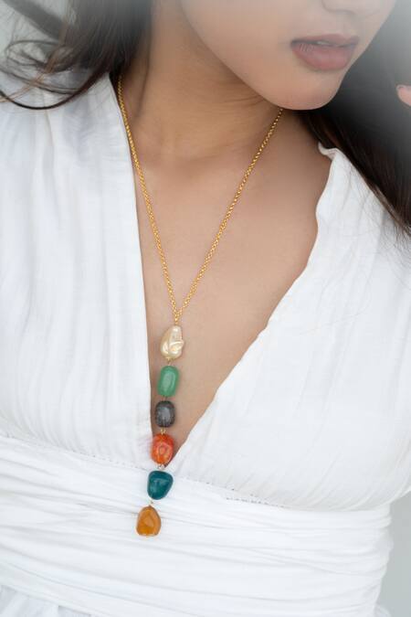 Do Taara Multi Color Natural Stone Embellished Pendant Necklace Online at Aza Fashions Do Taara_Multi Color Natural Stone Embellished Pendant Necklace _Online_at_Aza_Fashions