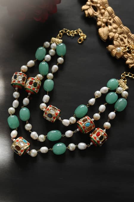 Shop Do Taara Multi Color Pearl And Natural Stone Layered Necklace at Aza Fashions Shop_Do Taara_Multi Color Pearl And Natural Stone Layered Necklace _at_Aza_Fashions