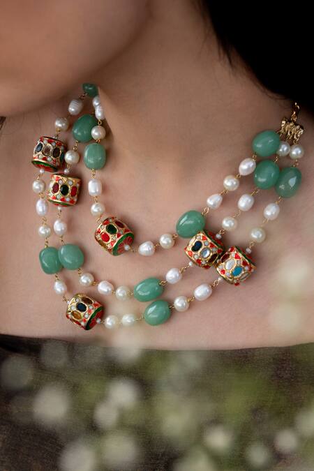 Do Taara Multi Color Pearl And Natural Stone Layered Necklace Online at Aza Fashions Do Taara_Multi Color Pearl And Natural Stone Layered Necklace _Online_at_Aza_Fashions