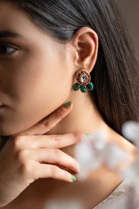 Buy Red And Green Stone Studded Puhayi Work Earrings Online - W for Woman