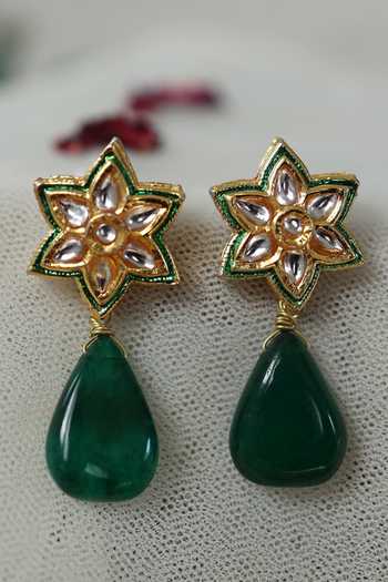Shop Do Taara Green Crystals, Stones Floral Jade Studs at Aza Fashions Shop_Do Taara_Green Crystals, Stones Floral Jade Studs _at_Aza_Fashions