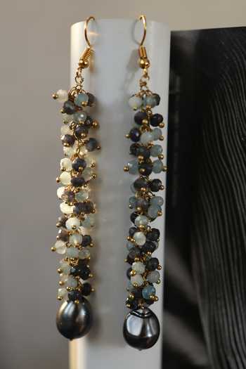 Shop Do Taara Grey Pearls, Stones Natural And Onyx Embellished Dangler Earrings at Aza Fashions Shop_Do Taara_Grey Pearls, Stones Natural And Onyx Embellished Dangler Earrings _at_Aza_Fashions