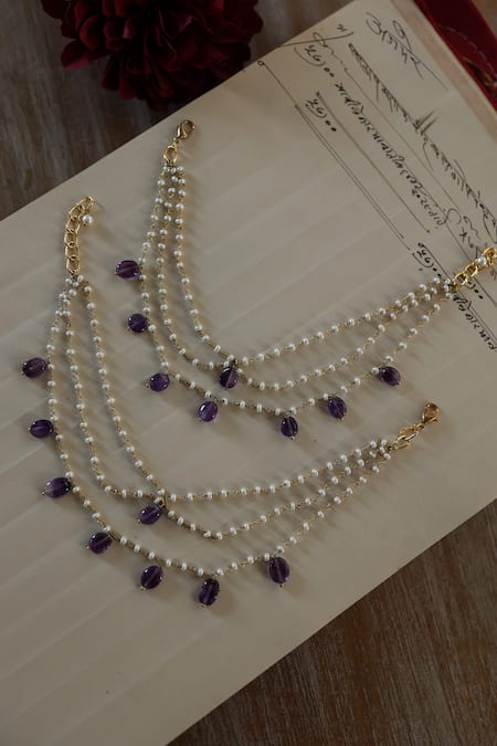 Shop_Do Taara_Purple Pearls, Stones Multi Layered And Onyx Anklets Set Of 2 _at_Aza_Fashions
