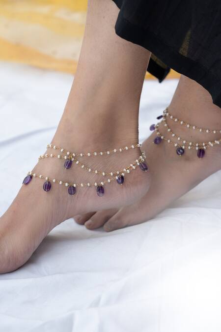 Do Taara_Purple Pearls, Stones Multi Layered And Onyx Anklets Set Of 2 _Online_at_Aza_Fashions