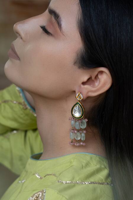 Do Taara_Gold Plated Gota Patti, Stones Kundan And Onyx Earrings _Online_at_Aza_Fashions