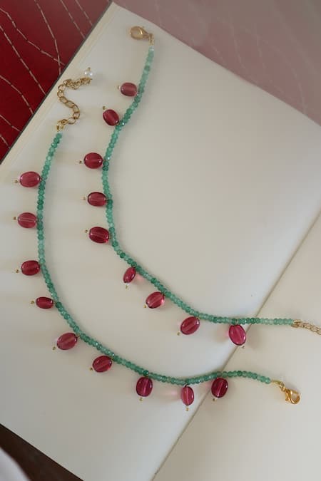 Shop Do Taara Green Stones Natural And Onyx Embellished Anklet - Set Of 2 at Aza Fashions Shop_Do Taara_Green Stones Natural And Onyx Embellished Anklet - Set Of 2 _at_Aza_Fashions