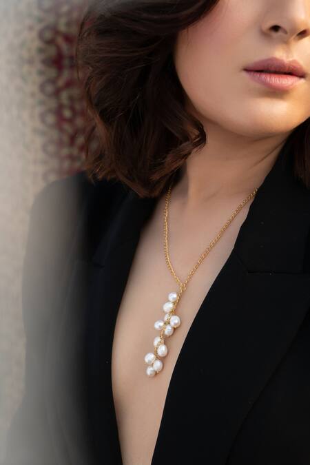 Shop_Do Taara_Gold Plated Shell Pearls Embellished Long Necklace _Online_at_Aza_Fashions