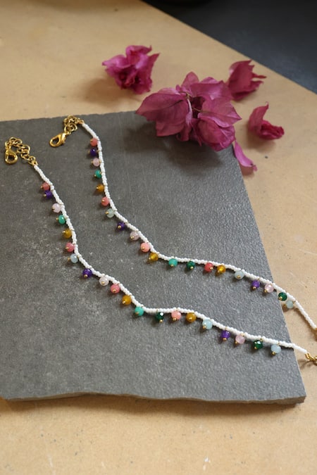 Shop Do Taara Multi Color Stones, Pearls Natural Embellished Anklet - Set Of 2 at Aza Fashions Shop_Do Taara_Multi Color Stones, Pearls Natural Embellished Anklet - Set Of 2 _at_Aza_Fashions