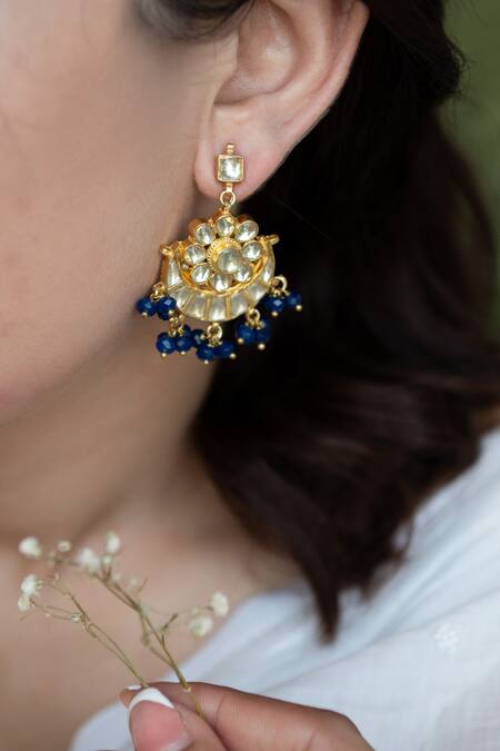 Do Taara_Gold Plated Pearls, Diamonds, Stones Crescent Kundan Embellished Earrings _Online_at_Aza_Fashions