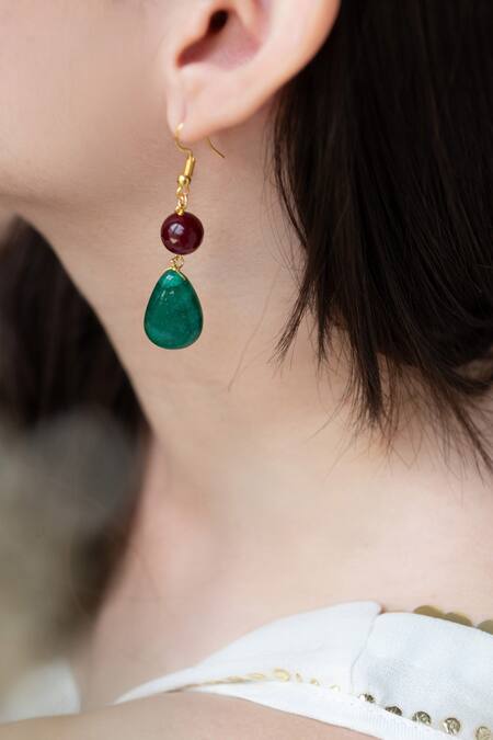 Do Taara_Green Pearls, Stones Natural Embellished Drop Earrings _Online_at_Aza_Fashions