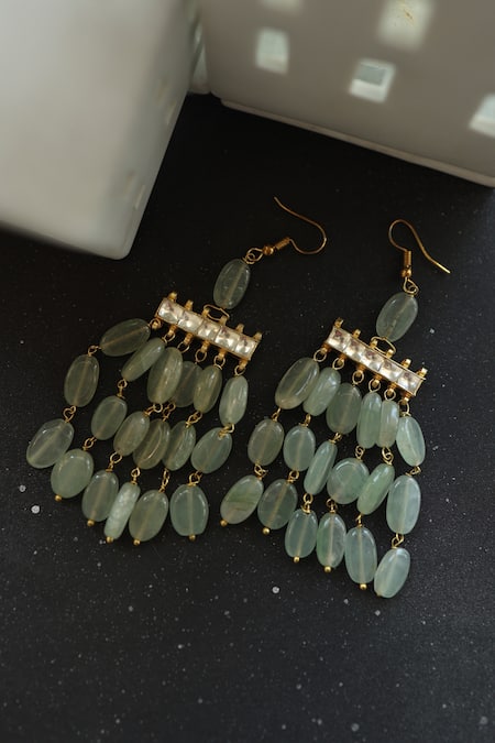 Shop Do Taara Green Pearls, Gota Patti Sleek Natural Stone Swing Earrings at Aza Fashions Shop_Do Taara_Green Pearls, Gota Patti Sleek Natural Stone Swing Earrings _at_Aza_Fashions