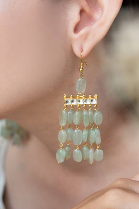 Do Taara Green Pearls, Gota Patti Sleek Natural Stone Swing Earrings Online at Aza Fashions Do Taara_Green Pearls, Gota Patti Sleek Natural Stone Swing Earrings _Online_at_Aza_Fashions