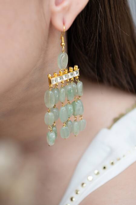 Buy Do Taara Green Pearls, Gota Patti Sleek Natural Stone Swing Earrings Online at Aza Fashions Buy_Do Taara_Green Pearls, Gota Patti Sleek Natural Stone Swing Earrings _Online_at_Aza_Fashions