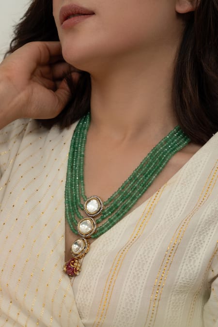 Buy_Do Taara_Green Multi Layered Onyx Stone Polki Necklace _Online_at_Aza_Fashions