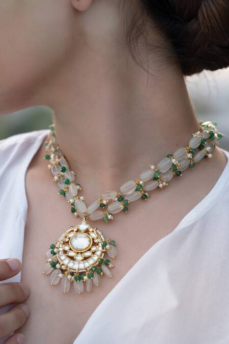 Do Taara_Green Ornate Bloom Kundan And Onyx Stone Embellished Necklace _Online_at_Aza_Fashions