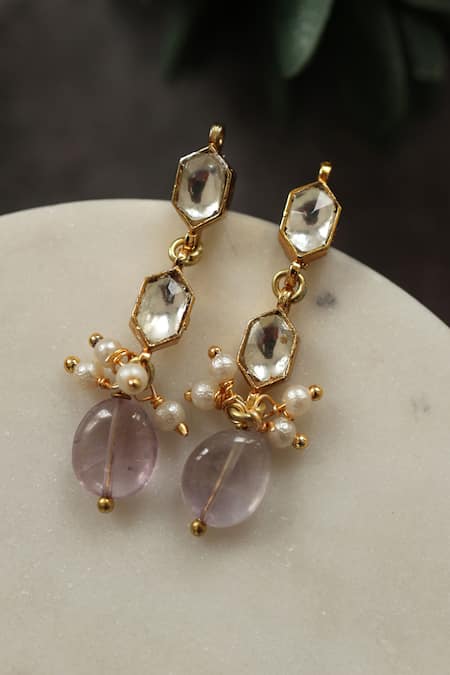 Shop Do Taara Purple Pearls, Lace, Stones Lunica Kundan Embellished Drop Earrings at Aza Fashions Shop_Do Taara_Purple Pearls, Lace, Stones Lunica Kundan Embellished Drop Earrings _at_Aza_Fashions