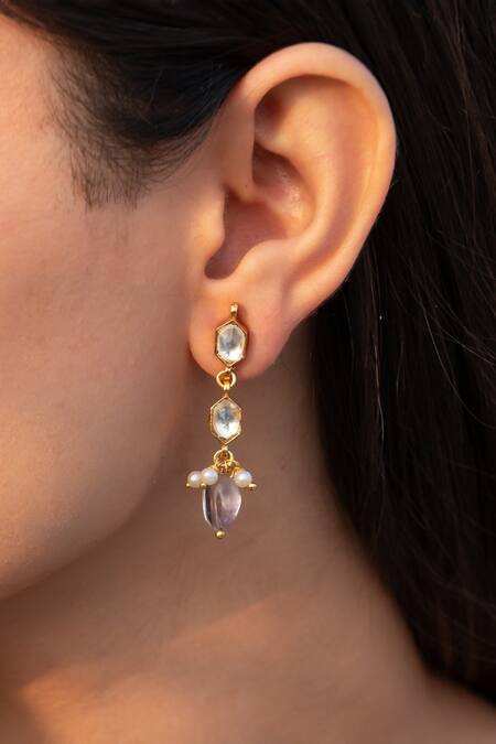 Do Taara Purple Pearls, Lace, Stones Lunica Kundan Embellished Drop Earrings Online at Aza Fashions Do Taara_Purple Pearls, Lace, Stones Lunica Kundan Embellished Drop Earrings _Online_at_Aza_Fashions