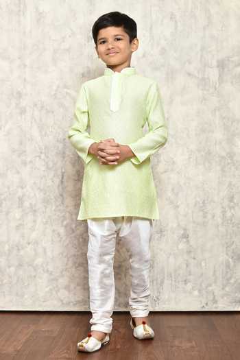Petite Pomme_Green Jacquard Geometric Woven Pattern Kurta _Online_at_Aza_Fashions