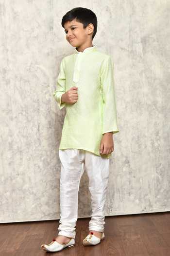Shop_Petite Pomme_Green Jacquard Geometric Woven Pattern Kurta _Online_at_Aza_Fashions