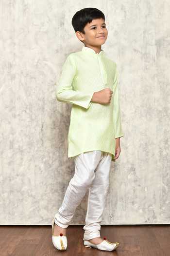 Petite Pomme_Green Jacquard Geometric Woven Pattern Kurta _at_Aza_Fashions