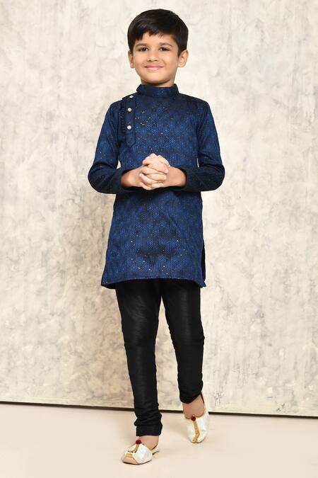 Samyukta Singhania_Blue Jacquard Sequins Geometric Pattern Kurta _Online_at_Aza_Fashions