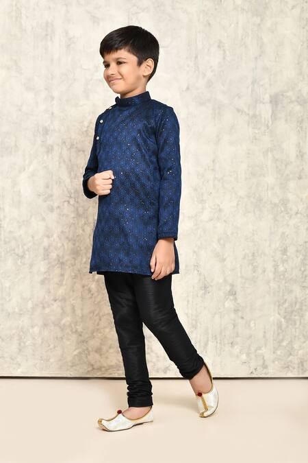 Shop_Samyukta Singhania_Blue Jacquard Sequins Geometric Pattern Kurta _Online_at_Aza_Fashions