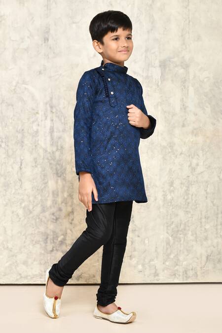 Samyukta Singhania_Blue Jacquard Sequins Geometric Pattern Kurta _at_Aza_Fashions