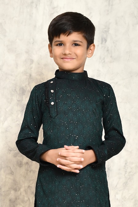 Petite Pomme_Green Jacquard Sequins Geometric Embellished Kurta _Online_at_Aza_Fashions