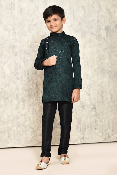 Buy_Petite Pomme_Green Jacquard Sequins Geometric Embellished Kurta _Online_at_Aza_Fashions