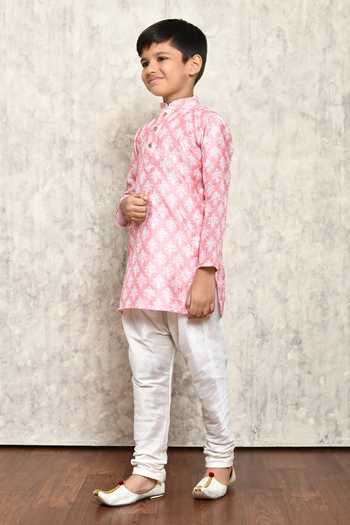 Shop_Petite Pomme_Peach Polyester Sequins, Embroidery Floral Print Kurta _Online_at_Aza_Fashions