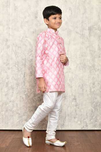 Petite Pomme_Peach Polyester Sequins, Embroidery Floral Print Kurta _at_Aza_Fashions