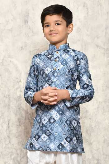 Petite Pomme_Grey Polyester Embroidery Geometric Print Short Kurta _Online_at_Aza_Fashions