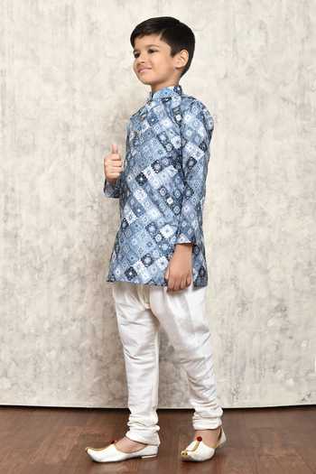 Shop_Petite Pomme_Grey Polyester Embroidery Geometric Print Short Kurta _Online_at_Aza_Fashions