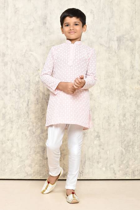 Petite Pomme_Pink Cotton Embroidery Floral Jaal Kurta _Online_at_Aza_Fashions