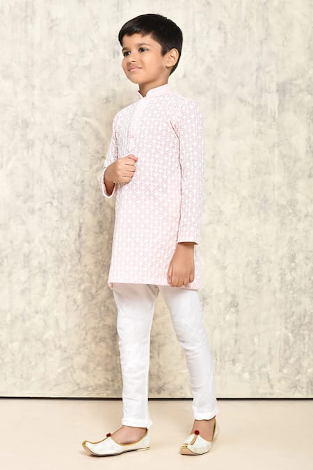 Shop_Petite Pomme_Pink Cotton Embroidery Floral Jaal Kurta _Online_at_Aza_Fashions