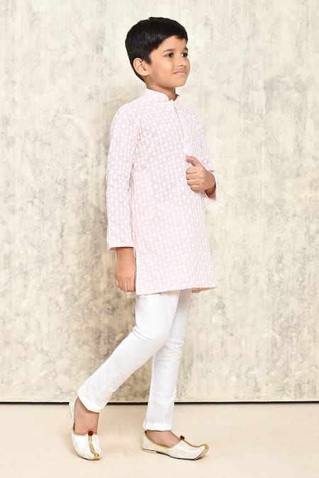 Petite Pomme_Pink Cotton Embroidery Floral Jaal Kurta _at_Aza_Fashions