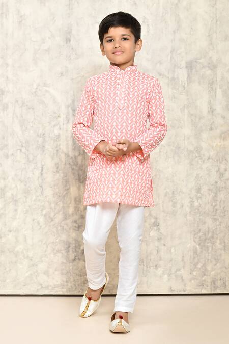 Buy_Petite Pomme_Peach Cotton Embroidery Jaal Kurta _Online_at_Aza_Fashions