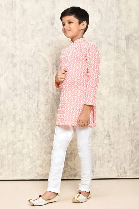 Shop_Petite Pomme_Peach Cotton Embroidery Jaal Kurta _Online_at_Aza_Fashions