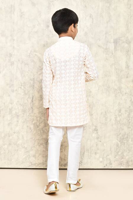 Shop_Petite Pomme_Pink Cotton Embroidery Jaal Thread Kurta _at_Aza_Fashions