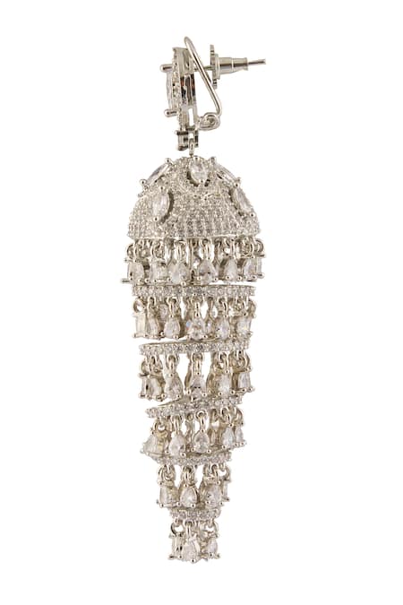 Buy_Vivinia By Vidhi Mehra_White Zari Zircon Embellished Tasselled Jhumkas_Online_at_Aza_Fashions