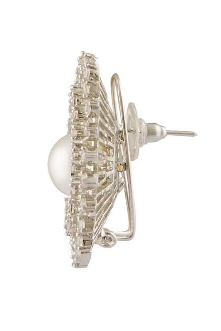 Vivinia By Vidhi Mehra_White Pearls, Zari Floral Zircon Diamond Embellished Stud Earrings _Online_at_Aza_Fashions