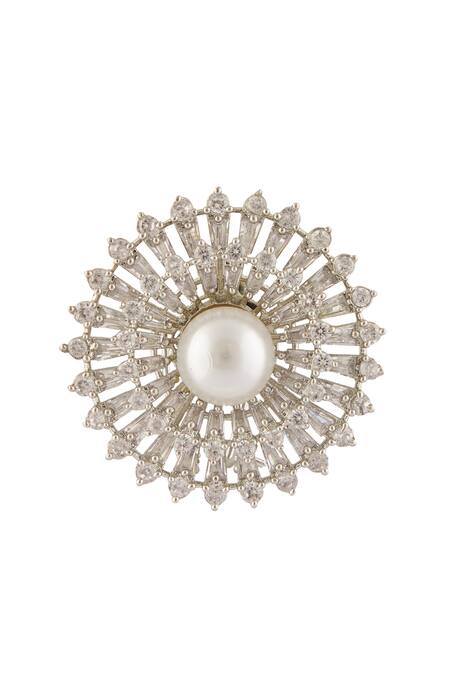 Shop_Vivinia By Vidhi Mehra_White Pearls, Zari Floral Zircon Diamond Embellished Stud Earrings _Online_at_Aza_Fashions